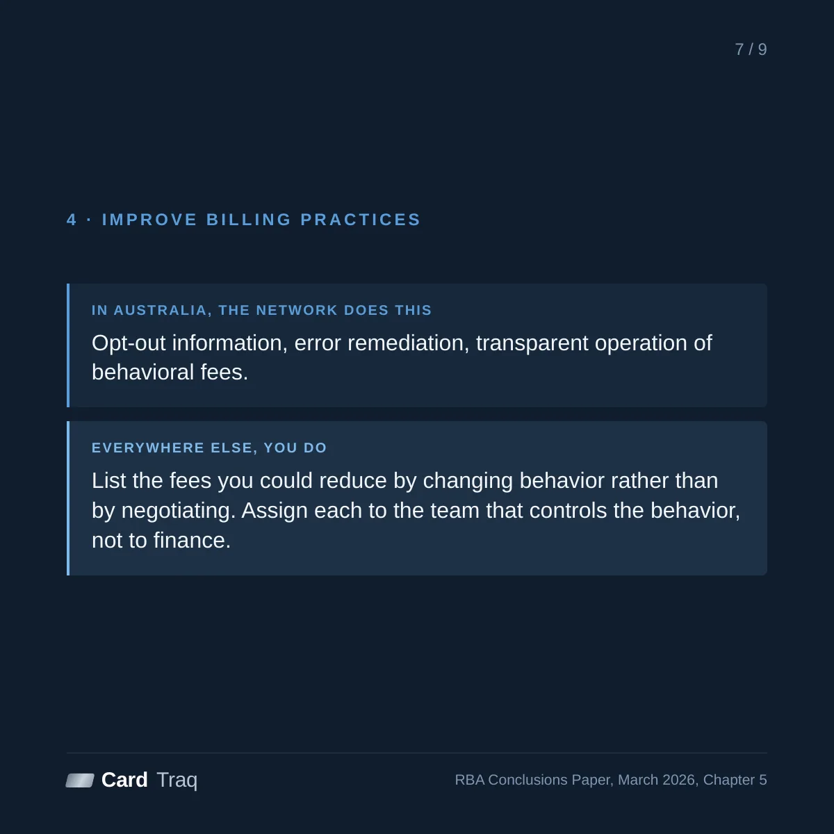 Principle 4, improve billing practices. In Australia there is opt-out information, error remediation and transparent operation of behavioral fees. Everywhere else, you list the fees you could reduce by changing behavior rather than negotiating, and assign each to the team that controls the behavior, not to finance.