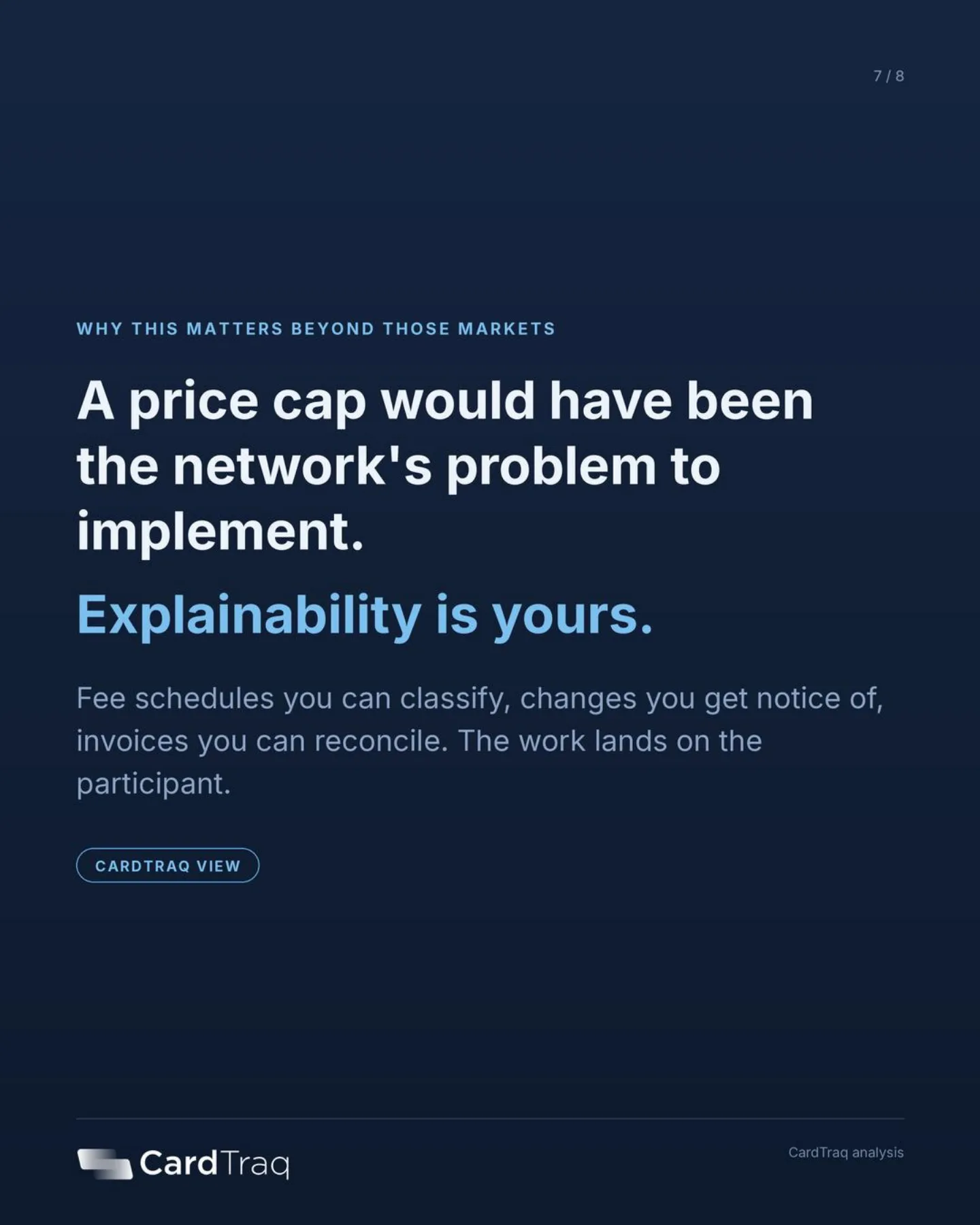 Why this matters beyond those markets: a price cap would have been the network's problem to implement. Explainability is yours. Fee schedules you can classify, changes you get notice of, invoices you can reconcile.