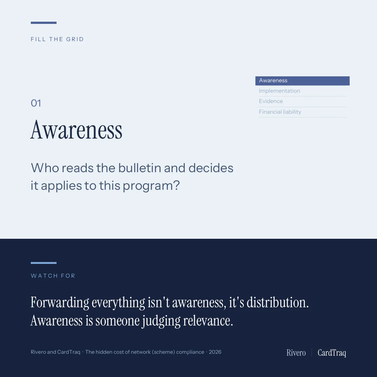 01 Awareness: who reads the bulletin and decides it applies to this program? Watch for: forwarding everything isn't awareness, it's distribution. Awareness is someone judging relevance.
