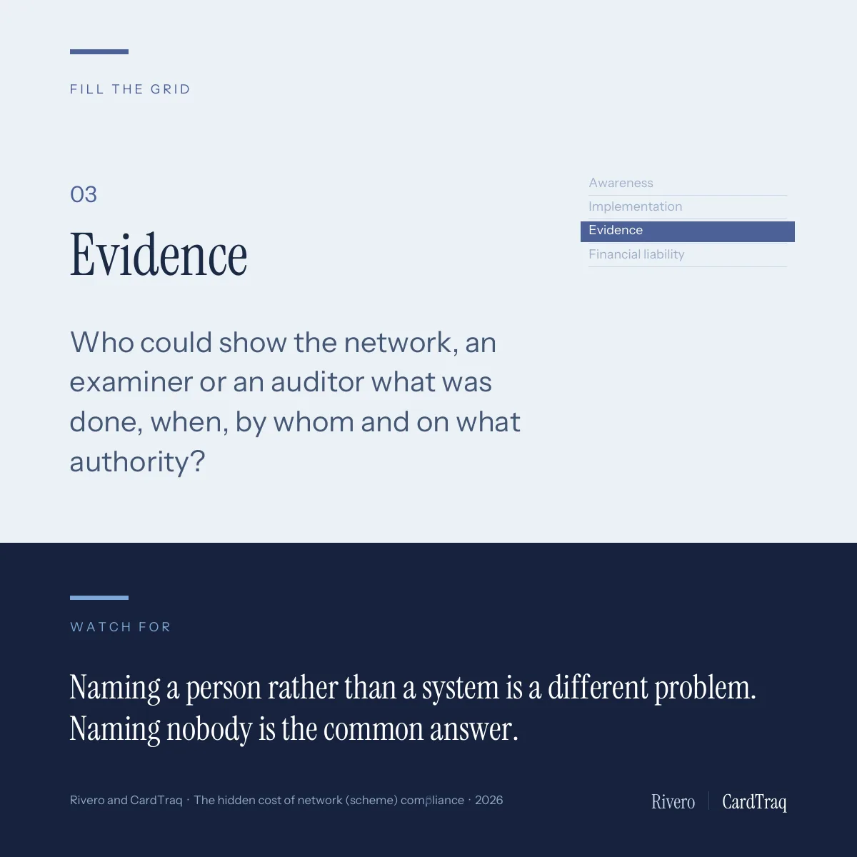 03 Evidence: who could show the network, an examiner or an auditor what was done, when, by whom and on what authority? Watch for: naming a person rather than a system is a different problem, and naming nobody is the common answer.