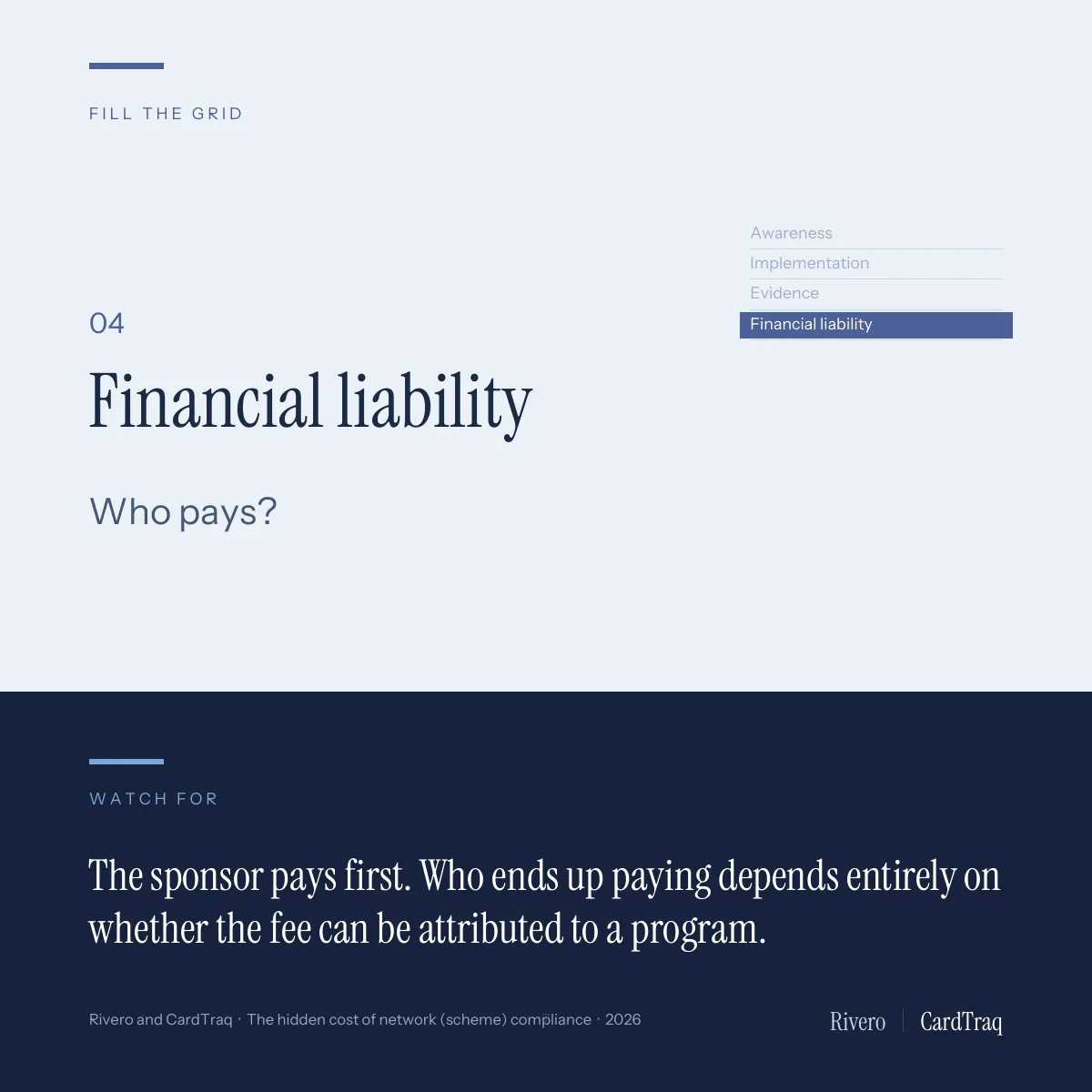 04 Financial liability: who pays? Watch for: the sponsor pays first, but who ends up paying depends entirely on whether the fee can be attributed to a program.