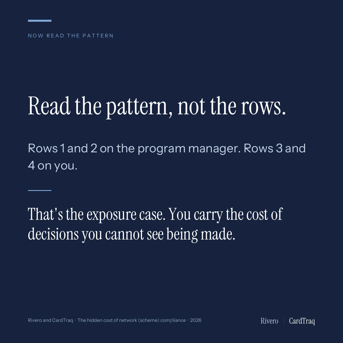 Read the pattern, not the rows. Rows 1 and 2 on the program manager, rows 3 and 4 on you. That's the exposure case: you carry the cost of decisions you cannot see being made.