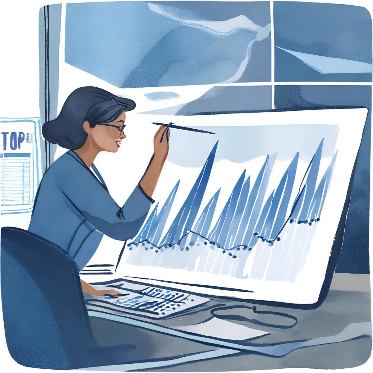 Watercolor illustration of a payments analyst studying network fee charts on screen, representing expert-managed network fee optimization.