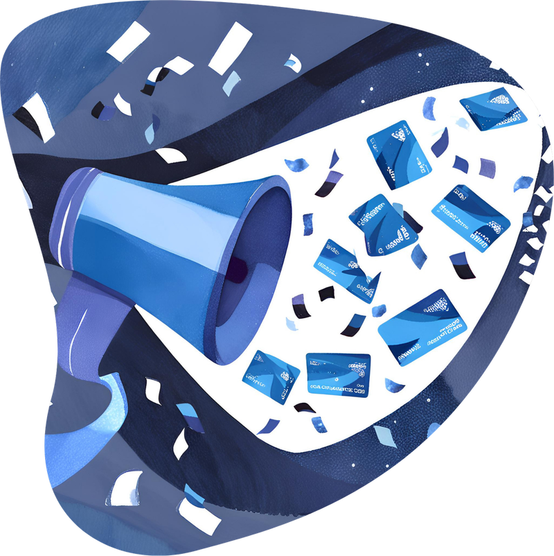 Illustration of a blue megaphone surrounded by scattered paper, representing the overwhelm of incoming network bulletins.
