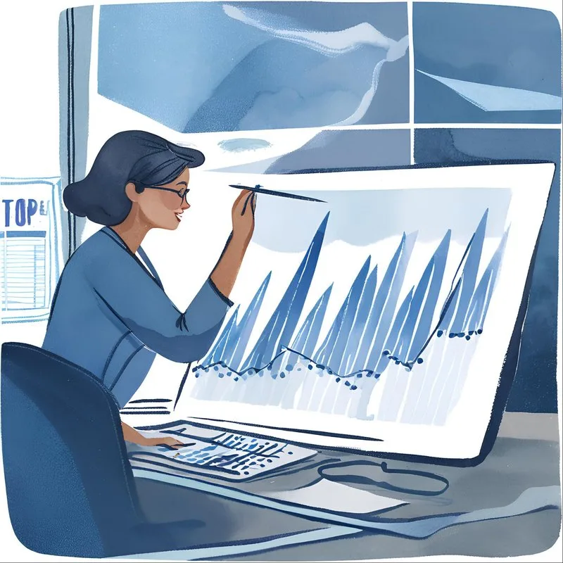 Watercolor illustration of a person working on a forecast line chart on a computer, with a wall calendar in the background.