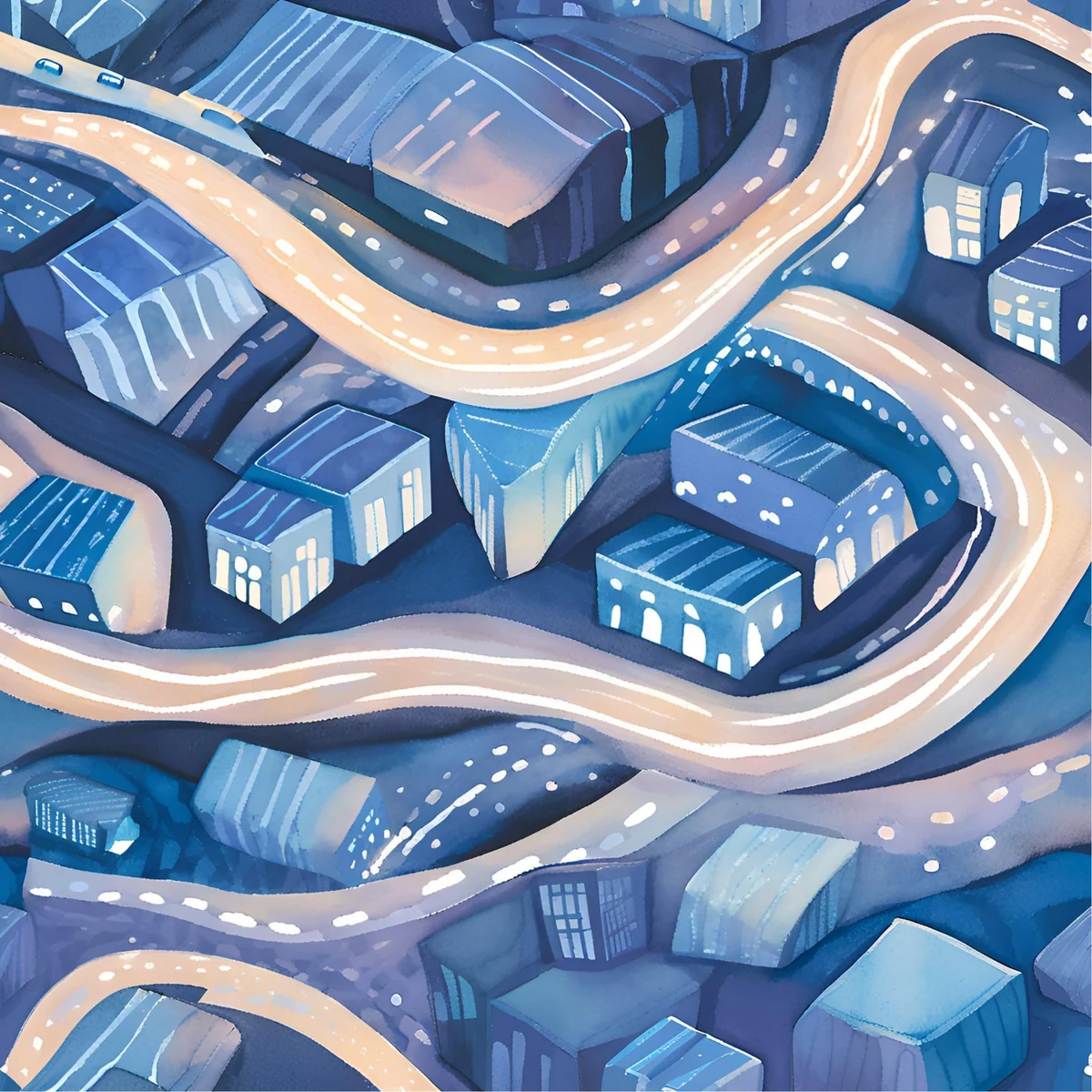 Watercolor aerial illustration of winding roads through a city, representing the flow of card payments through processors.