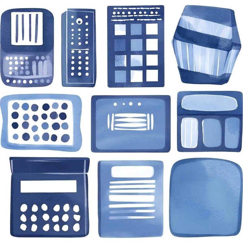 Various blue calculators in different shapes and sizes, representing pricing model analysis.