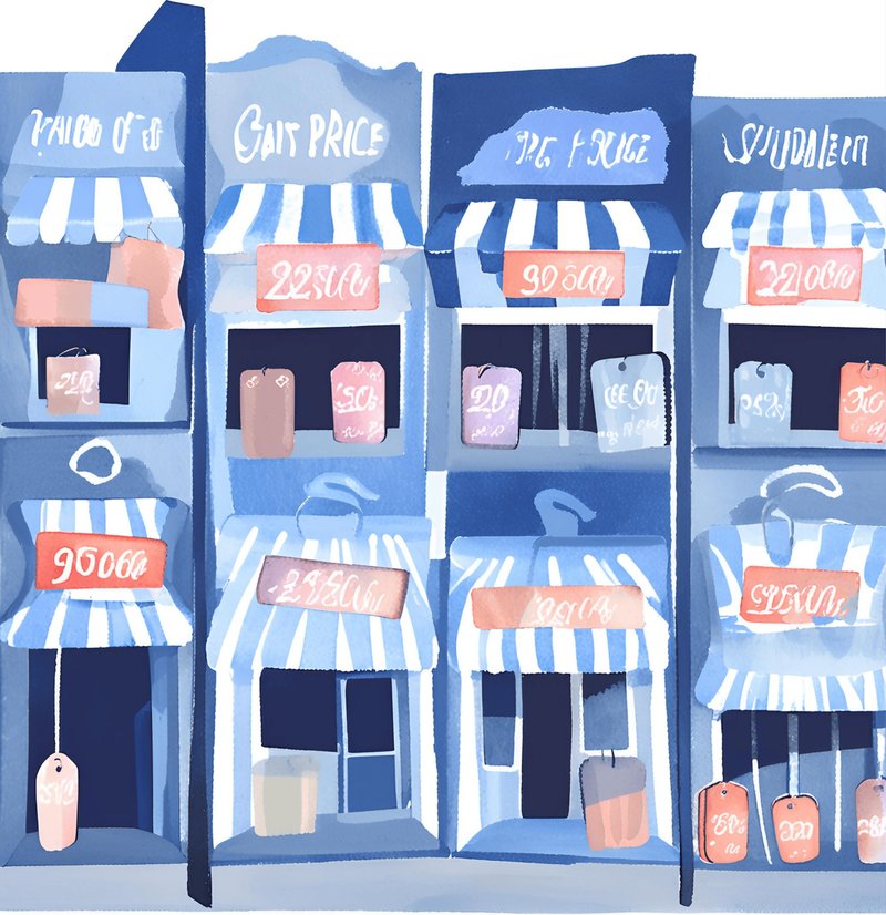 Row of blue and white storefronts with awnings and shopping bags, representing merchant pricing.