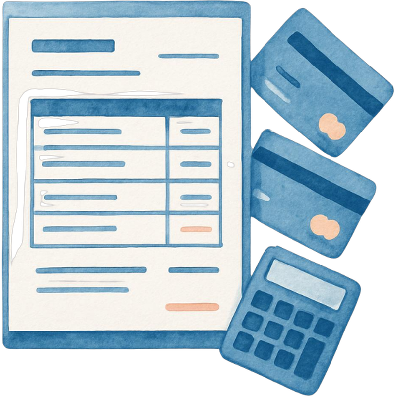 Watercolor illustration of an itemized billing statement, credit cards, and a calculator, representing merchant pass-through review.