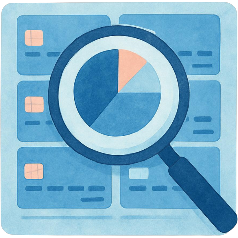 Watercolor illustration of a magnifying glass over a grid of credit cards with a pie chart visible, representing portfolio profitability analysis.